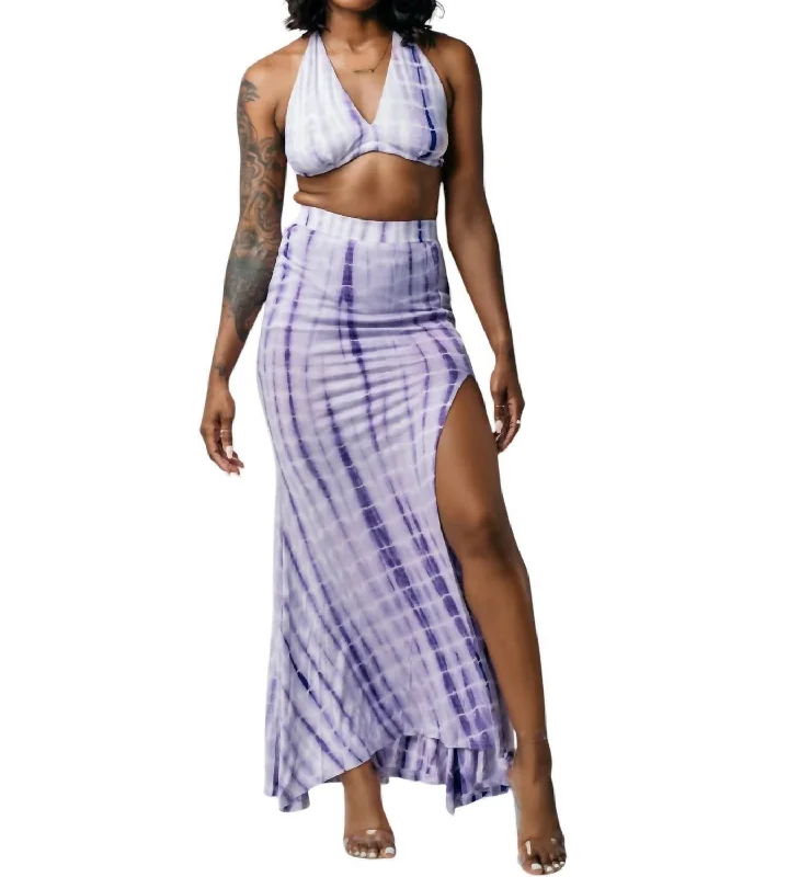 Black Short Skirts for Versatile -Tie Dye Maxi Skirt Set With Split In Lavender