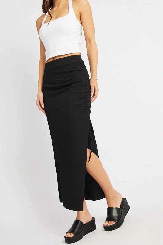 Linen Short Skirts for Breathable -Black Midi Skirt High Rise Side Ruched Elastic Waistband