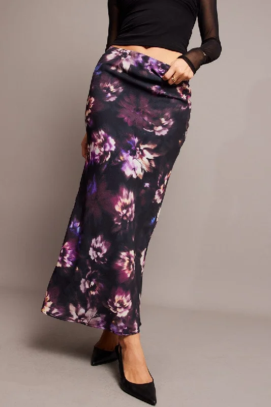 Long Skirts for Beach Vacations -Purple Floral Slip Skirt Maxi