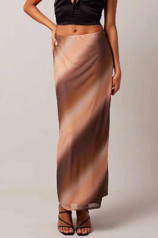 White Long Skirts for Pure -Brown Abstract Maxi Skirt High Rise Mesh