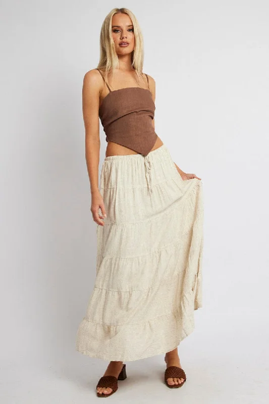 African Long Skirts with Culture -Beige Maxi Skirt Tiered High Rise Linen Blend