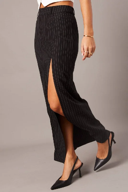 Brown Long Skirts for Earthy -Black Stripe Midi Skirt Tailored High Waist