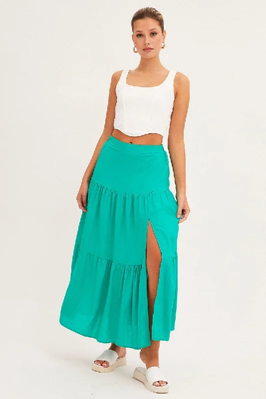 Skort Short Skirts for Practical -Green Maxi Skirt High Waist Split Tiered