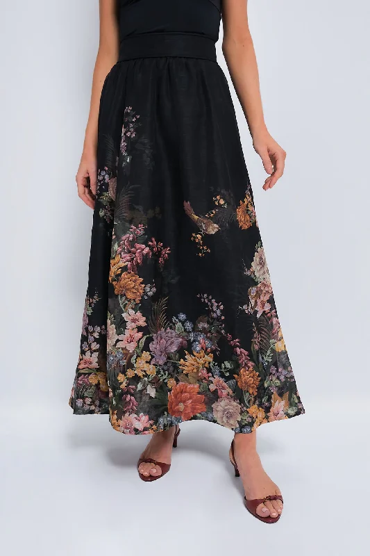 Pleated midi skirts for timeless grace -Black Multi Floral Pavilion Gathered Midi Skirt