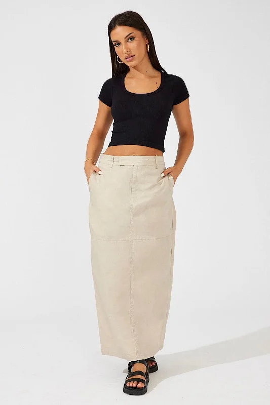 Khaki Long Skirts for Casual -Beige Maxi Skirt High Rise