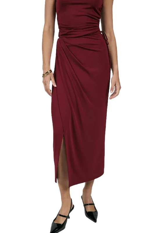 Wool Short Skirts for Warmth -Fiery Spirit Ruched Midi Skirt In Cabernet