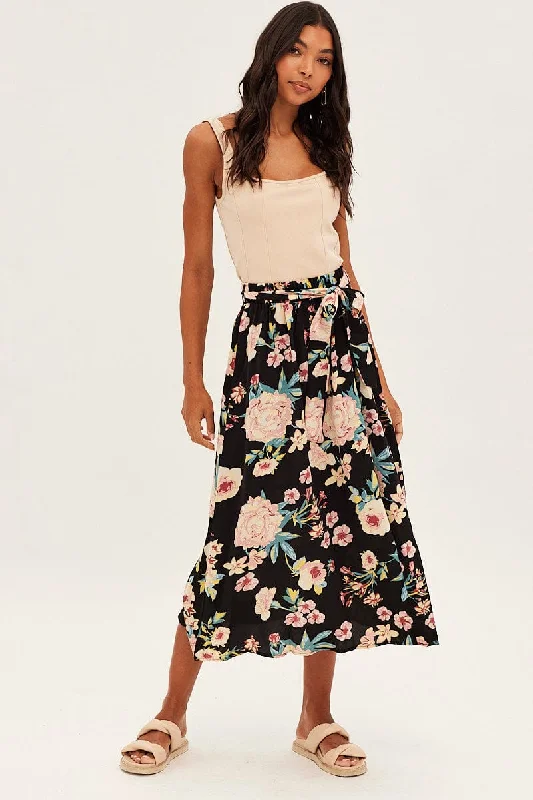 Printed Long Skirts with Patterns -Black Floral High Waist Front Slit Floral Midi Skirt