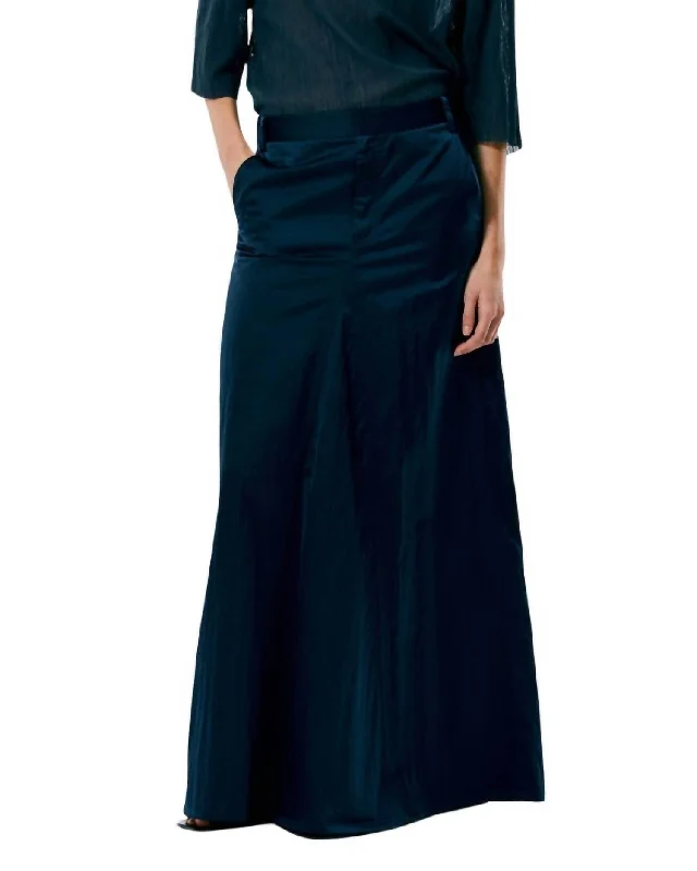 Green Long Skirts for Nature -Luxe Eco Satin Godet Maxi Skirt In Navy