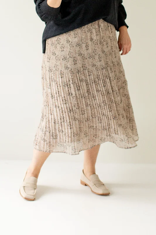 Trendy skirts with asymmetrical hem lines -Plus 'Shirley' Ditsy Print Pleated Midi Skirt in Light Taupe