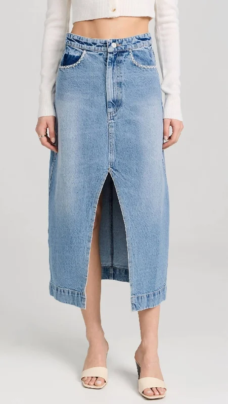 White Short Skirts for Pure -Marion Mended Denim Maxi Skirt In Blue