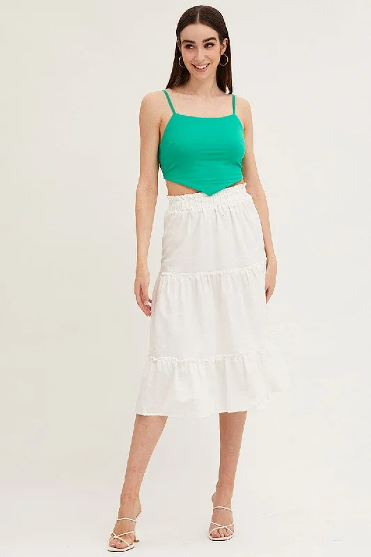 Long Skirts for Beach Vacations -White Tiered Midi Skirt