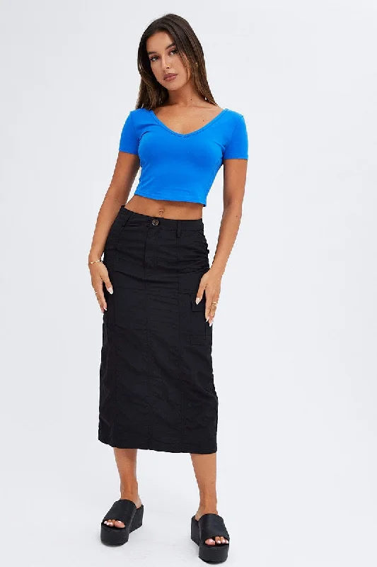 Nylon Long Skirts for Stretch -Black Cargo Skirt High Rise