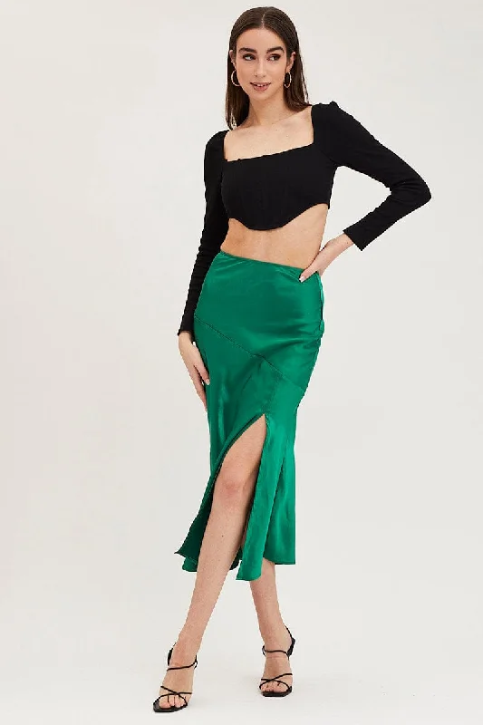 Nylon Long Skirts for Stretch -Green Slip Skirt Front Split Satin