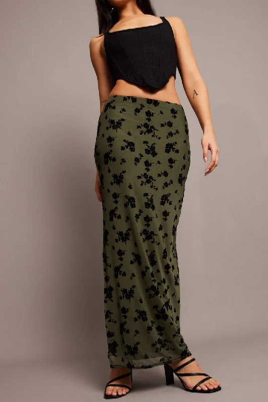 Denim Long Skirts for Casual -Green Floral Maxi Skirt Side Split