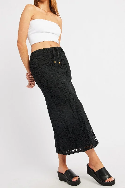 A-line Long Skirts for Flattering -Black Crochet Maxi Skirt High Rise Relaxed Lined