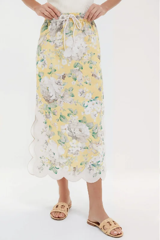 Trendy skirts with modern cutout designs -Yellow Floral Acacia Scallop Midi Skirt