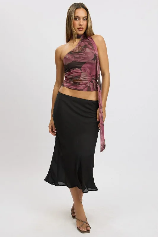 Midi Long Skirts for Versatility -Black Slip Skirt High Rise Midi Picot Trim