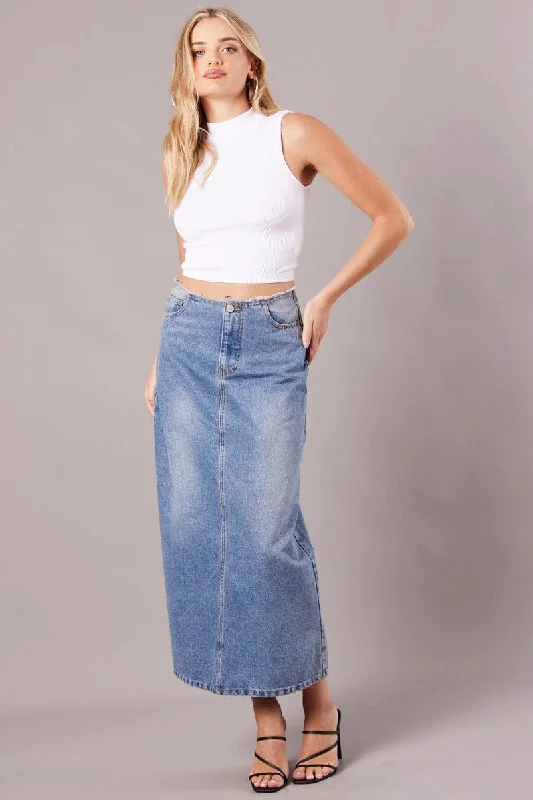 Floral Long Skirts for Romantic -Denim Maxi Skirt High Rise A-line Raw Edge Denim