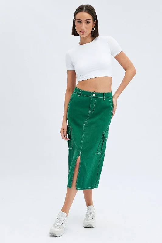 Low-waisted Short Skirts for Relaxed -Green Midi Skirt Mid Rise A-line Cargo Contrast Stitch