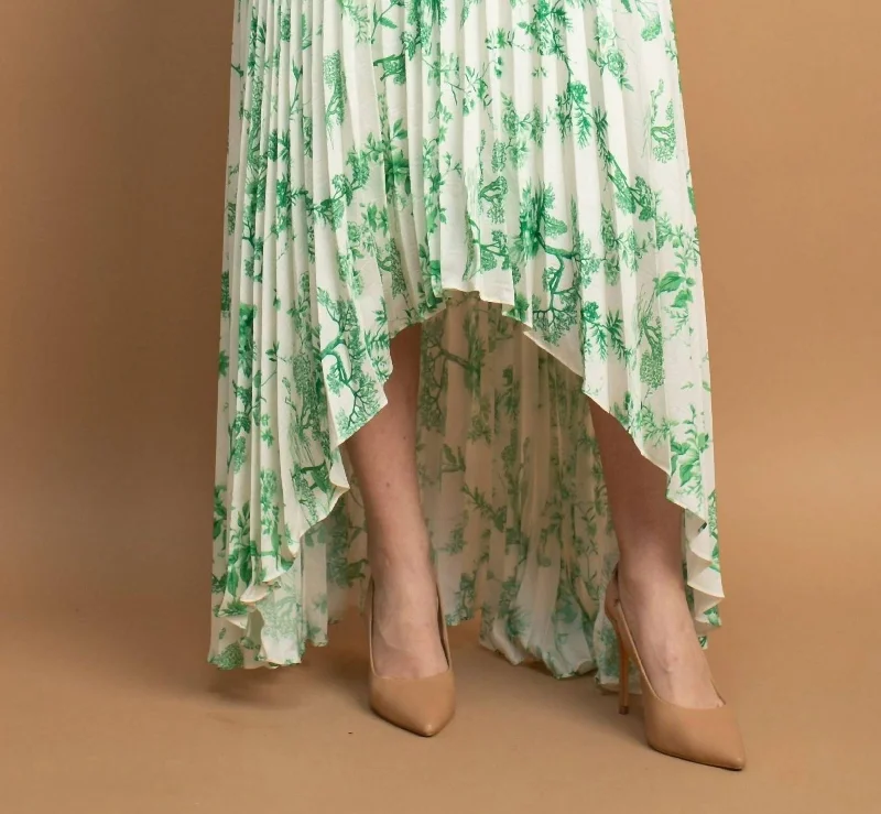 Pink Long Skirts for Feminine -Pleated Printed Midi Hi Low Skirt In Green And White