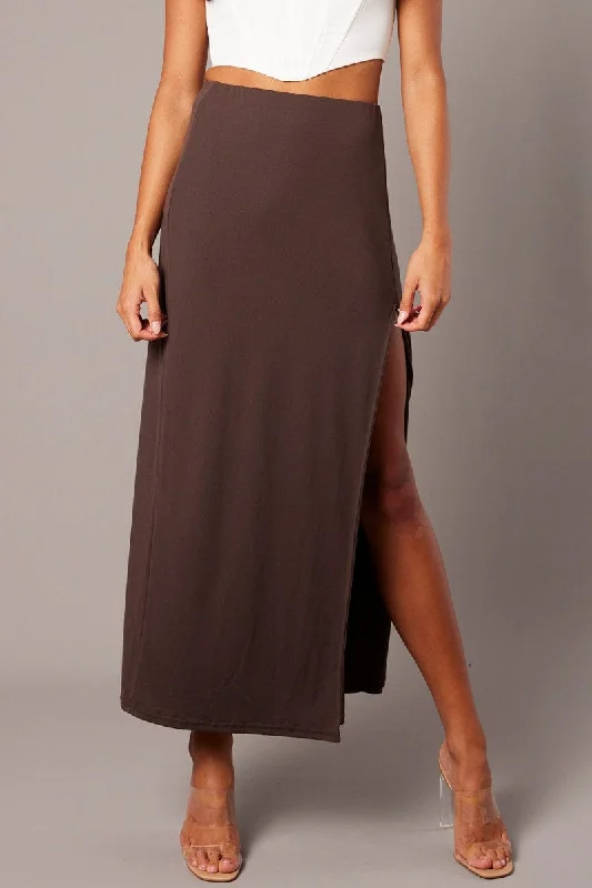 Maxi Long Skirts for Elegance -Brown Supersoft Skirt Front Split Double Layer