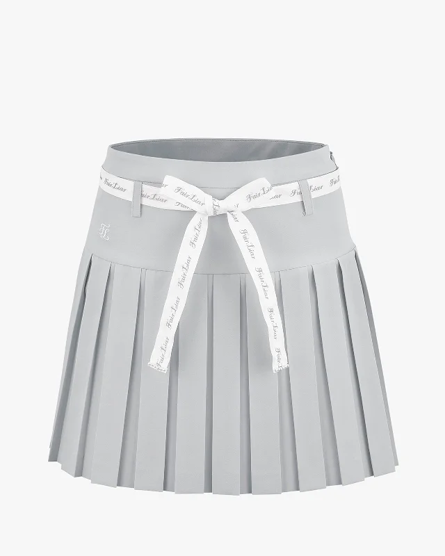 Wrap skirts for adjustable stylish fit -Ribbon Belt High Waist Double Pleated Skirt - Grey