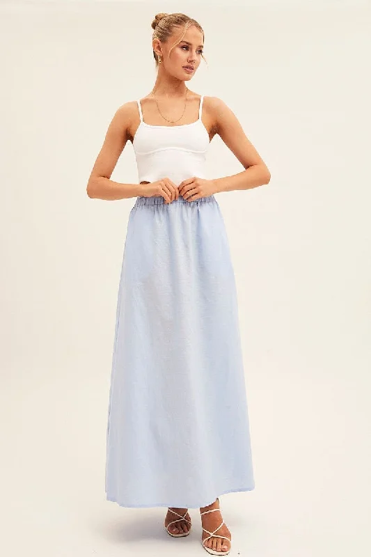 Wool Long Skirts for Warmth -Blue Maxi Skirt Linen Blend Side Split