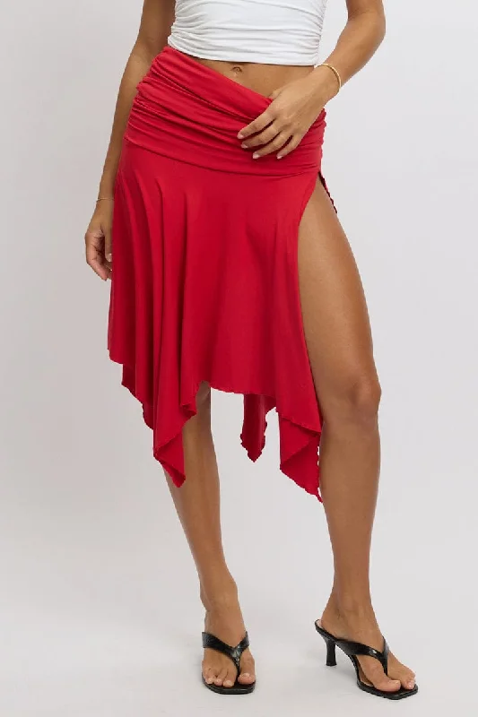 Leather Short Skirts for Edgy -Red Scarf Hem Skirt High Rise Midi Asymm Supersoft