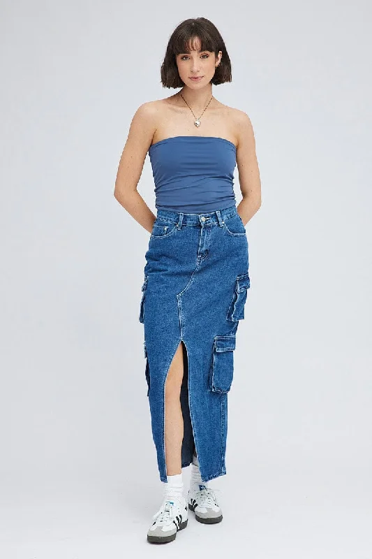 Solid Color Short Skirts for Simple -Denim Cargo Skirt Mid Rise Maxi Utility Pocket Details