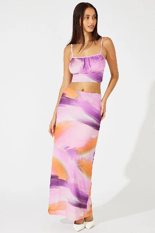 Hippie Long Skirts with Beads -Pink Abstract Maxi Skirt High Rise Mesh