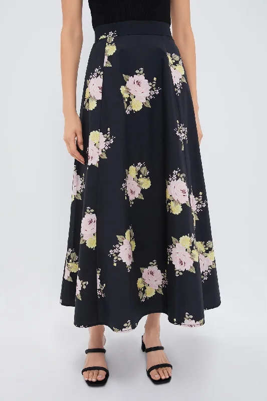 Soft linen skirts for gentle warm wear -Black Posy Poplin Maxi Skirt