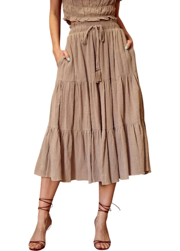 Ethnic Long Skirts with Tribal Design -Tiered Midi Skirt In Dark Latte