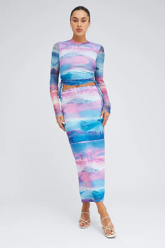 Silk Long Skirts for Luxurious -Pink Abstract Midi Skirt Mesh