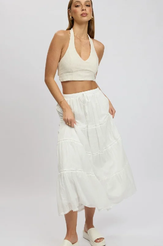 Geometric Short Skirts for Modern -White Maxi Skirt Tiered High Rise Lace Trim