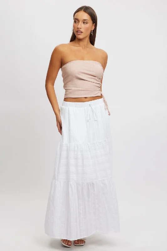 A-line Short Skirts for Flattering -White Tiered Maxi Skirt High Rise Elastic Waist Lined