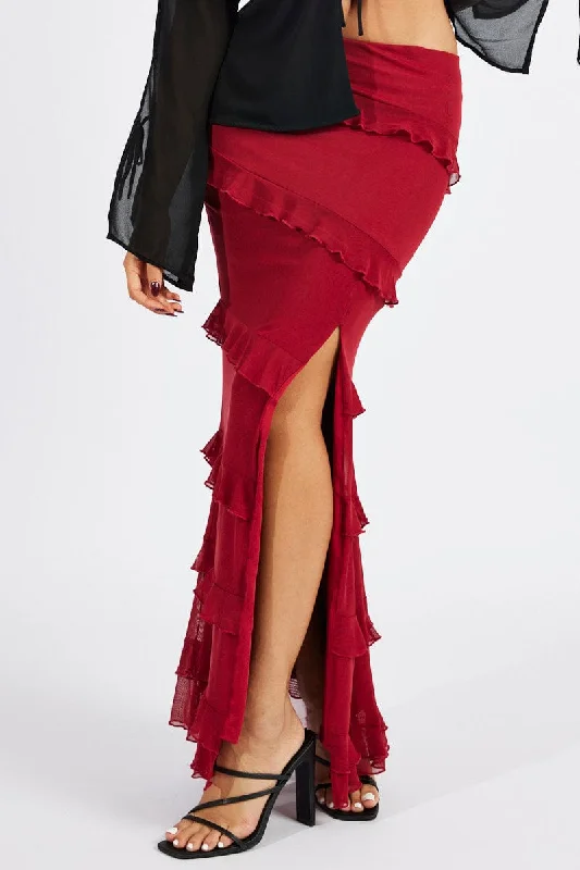 Leather Long Skirts for Luxury -Red Floral Maxi Skirt Mesh Frilled Mesh