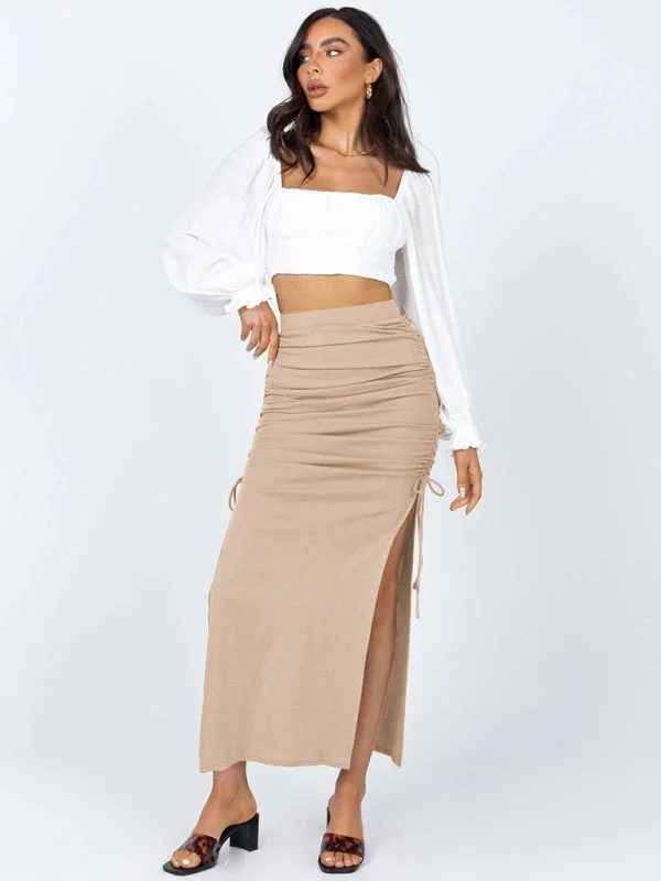 Trendy leather skirts for edgy modern looks -Women's Side Ruched Drawstring Long Length Skirt