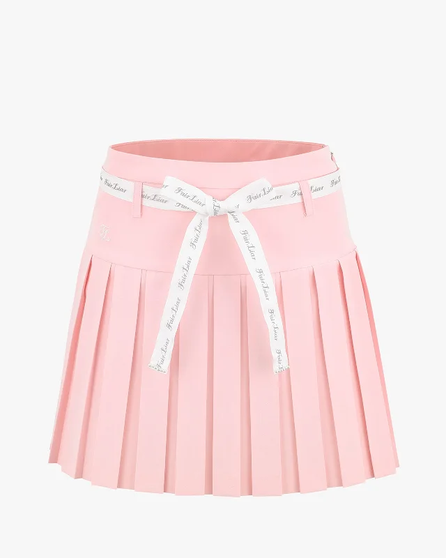 Vintage skirts for retro-inspired fashion vibes -Ribbon Belt High Waist Double Pleated Skirt - Pink