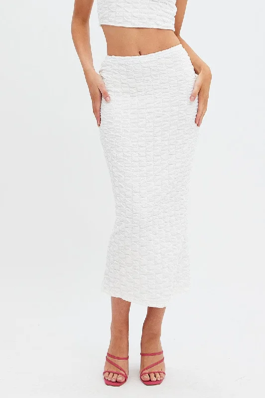 Long Skirts for Travel Adventures -White Maxi Skirt High Rise Bodycon Textured Jersey