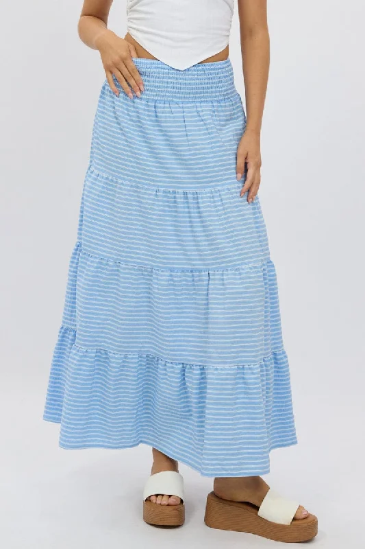 Bohemian Long Skirts with Tassels -Blue Stripe Maxi Skirt Shirred Waist Tiered Relaxed Fit