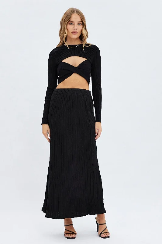 Black Long Skirts for Versatile -Black Maxi Skirt Mid Rise A-line Rib Jersey