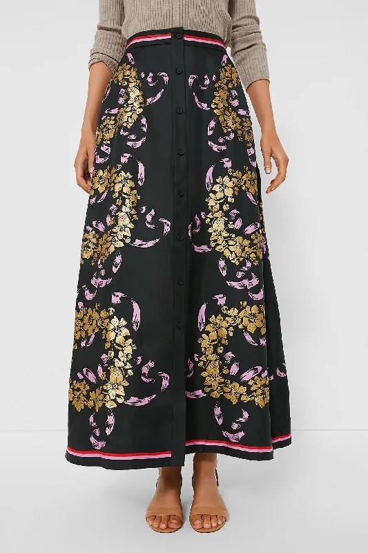 Designer skirts with premium fabric finish -Black and Gold Silk Button Skirt