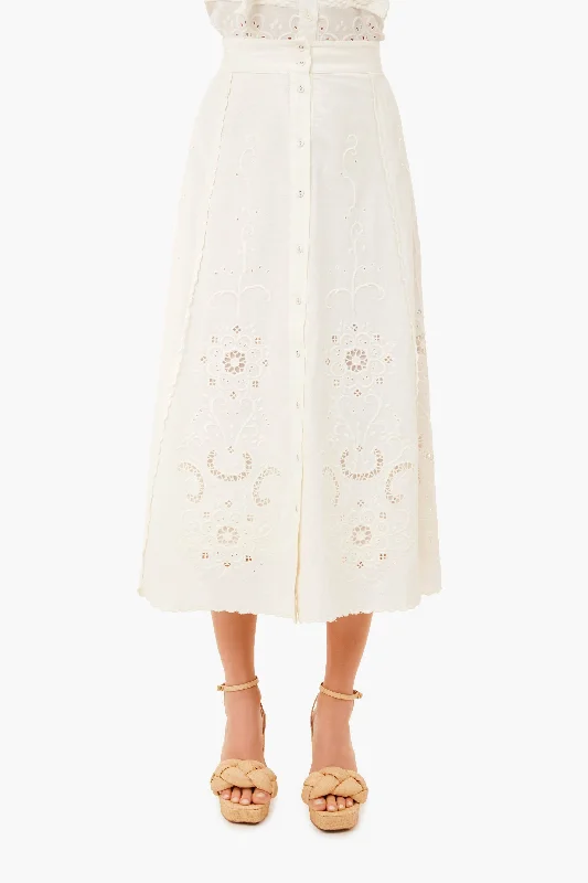 Durable denim skirts for rugged daily wear -White Kiara Embroidered Button-Down Skirt