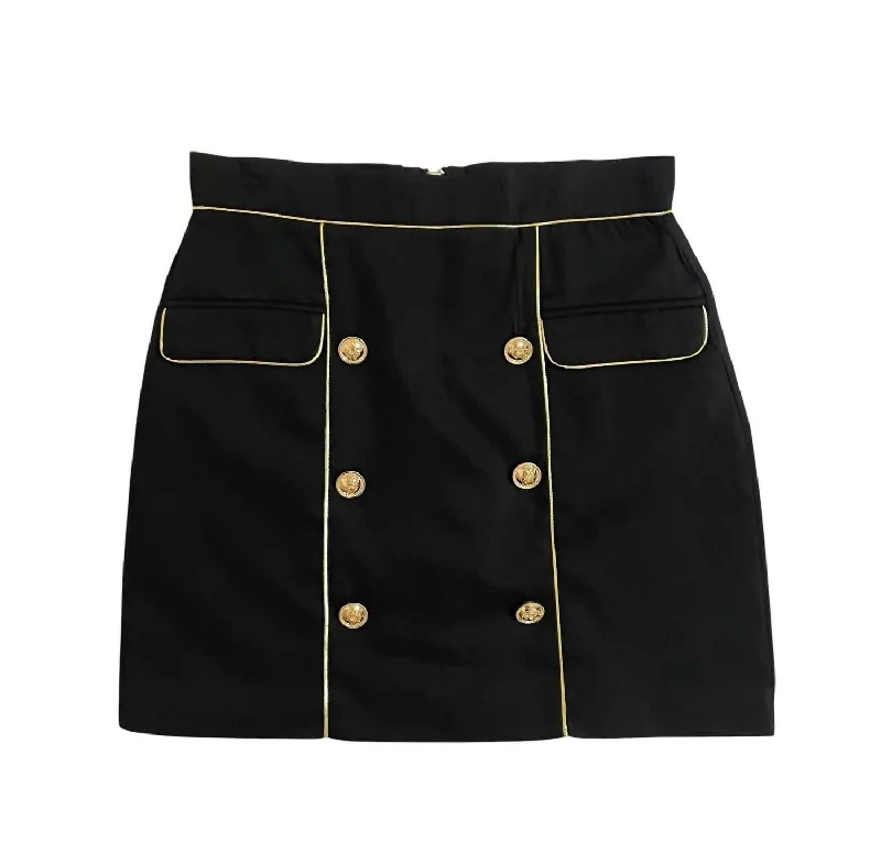 Long Skirts for Graduation -Women's Mini Skirt With Gold Trim And Buttons In Black