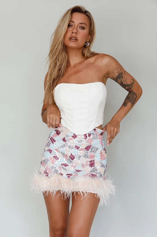 Soft skirts with gentle fabric drape -Sunset Boulevard Sequin Feather Mini Skirt Multi