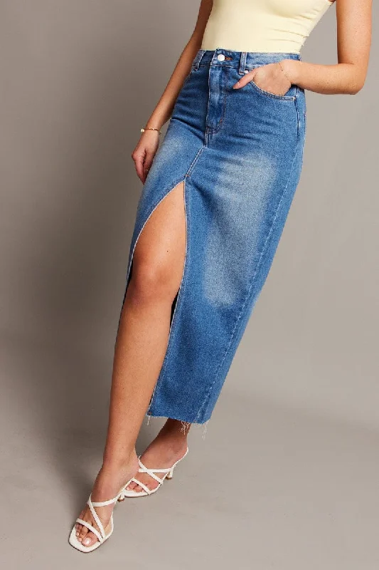 Flared Long Skirts for Drama -Denim Maxi Skirt High Rise Front Split