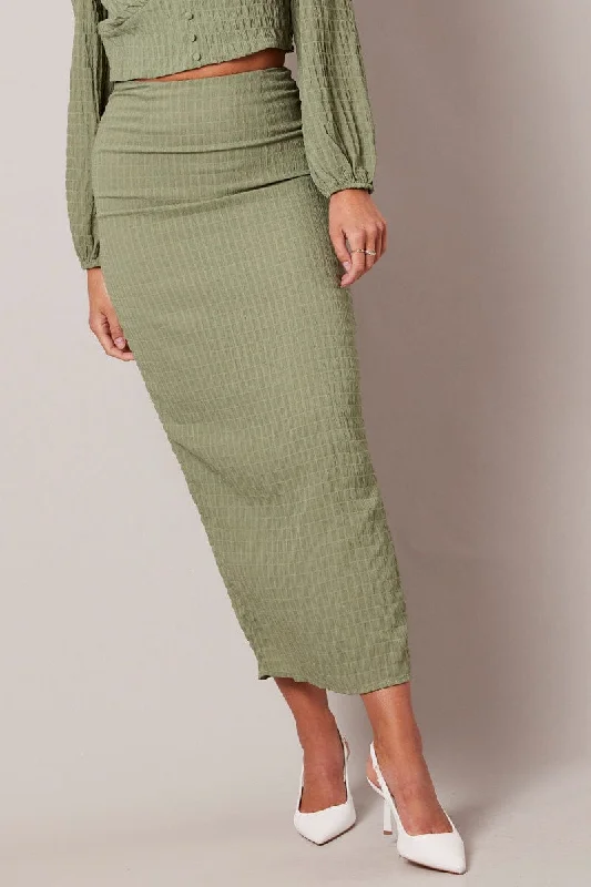 African Long Skirts with Culture -Green Midi Skirt High Rise Textured Fabric