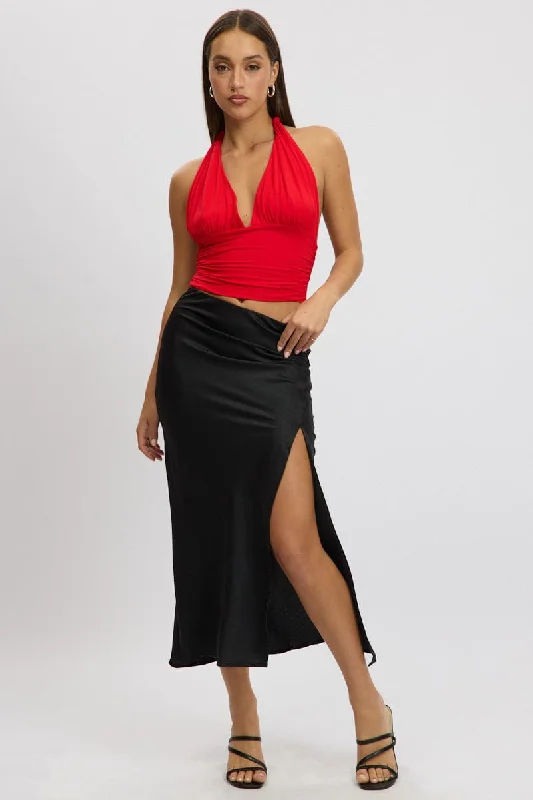 Straight Short Skirts for Simple -Black Slip Skirt High Waist Front Split Midaxi Satin