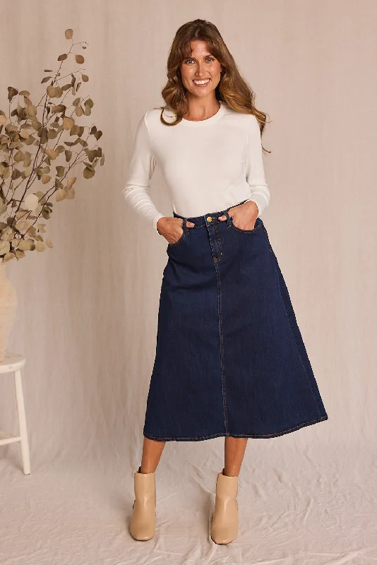 Geometric Short Skirts for Modern -Adrift Denim A-Line Skirt in Dark Wash