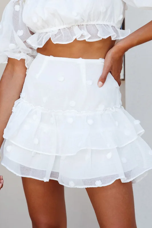 Durable skirts with reinforced seam strength -Krista Layered Ruffle Pompom Skirt White